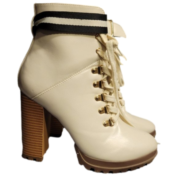 Shoe Dazzle Shoes - COOL WHITE LACE UP HEELED BOOTS WITH ANKLE STRAP